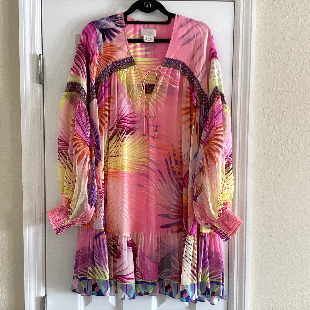Camilla South Beach Sunrise 100% Silk Gathered Yoke Short Dress Blouson Sleeves - Picture 2 of 16